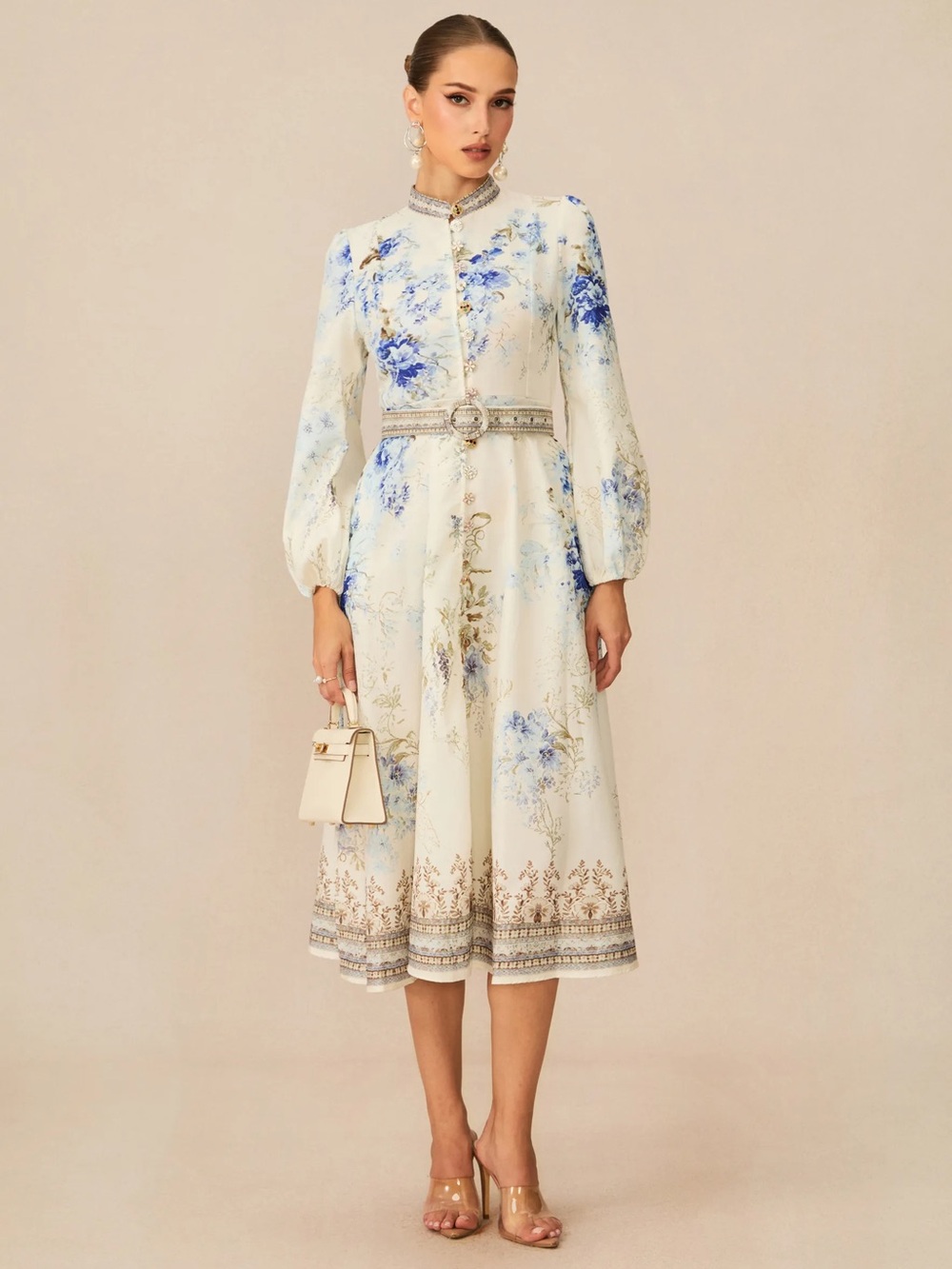 Floral Midi Shirt Dress in Ivory and Blue